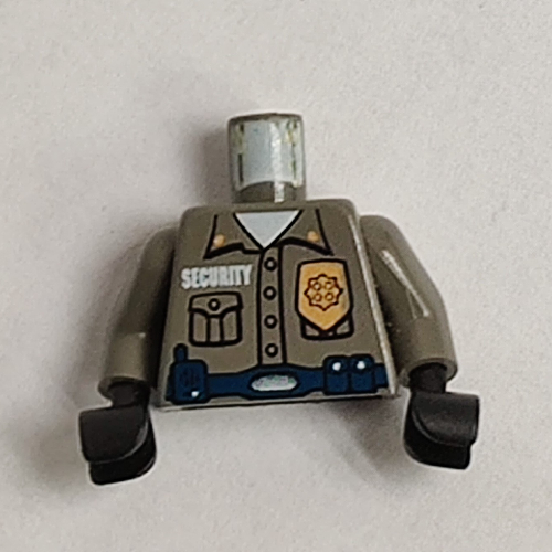 Visuel indicatif Rebrickable de Torse, chemise avec inscription 'Security', Badge en or, Ceinture bleue avec motif imprimé Radio, bras gris foncé, mains noires (Torso, Shirt with 'Security', Gold Badge, Blue Belt with Radio Print, Dark Gray Arms, Black Hands)