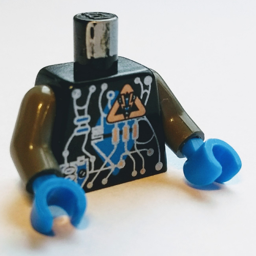 Visuel indicatif Rebrickable de Torse, insectoïdes diamant bleu sous circuit motif imprimé, bras gris foncé, mains bleues (Torso, Insectoids Blue Diamond under Circuitry Print, Dark Gray Arms, Blue Hands)
