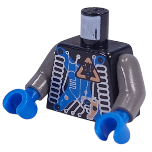 Visuel indicatif Rebrickable de Torse, Insectoïdes Bleu X avec Tuyau sur les côtés motif imprimé, bras gris foncé, mains bleues (Torso, Insectoids Blue X with Hose on Sides Print, Dark Gray Arms, Blue Hands)