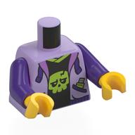Visuel indicatif Rebrickable de Torse, veste, poches violet foncé, lacets, chemise noire avec motif imprimé de crâne de vert citron, bras pourpre foncé, mains jaunes (Torso, Jacket, Dark Purple Pockets, Laces, Black Shirt with Lime Skull Print, Dark Purple Arms, Yellow Hands)