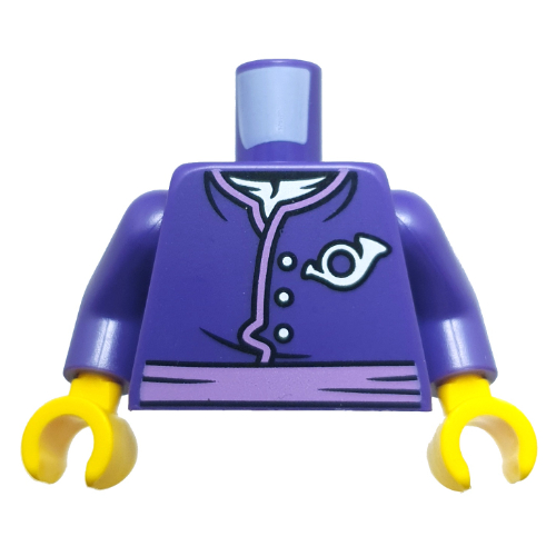 Visuel indicatif Rebrickable de Torse, tunique, garniture de lavande, ceinture, argent symbole postal motif imprimé, bras pourpre foncé, mains jaunes (Torso, Tunic, Lavender Trim, Sash, Silver Postal Symbol Print, Dark Purple Arms, Yellow Hands)