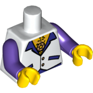 Visuel indicatif Rebrickable de Torse, gilet avec chemise ouverte, médaillon et motif imprimé Poitrine poilue, bras pourpre foncé, mains jaunes (Torso, Vest with Open Shirt, Medallion and Hairy Chest Print, Dark Purple Arms, Yellow Hands)