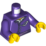 Visuel indicatif Rebrickable de Torse, veste tunique avec boutons et motif imprimé corne postale, bras pourpre foncé, mains jaunes (Torso, Tunic Jacket with Buttons and Postal Horn Print, Dark Purple Arms, Yellow Hands)