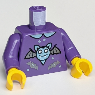 Visuel indicatif Rebrickable de Torse, chemise, chauves-souris argentées et étoiles imprimé, bras pourpre foncé, mains jaunes (Torso, Shirt, Silver Bats and Stars Print, Dark Purple Arms, Yellow Hands)