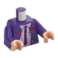 Visuel indicatif Rebrickable de Torse, Veste, Boutons dorés, Chemise lavande, Cravate noire, Marron foncé Bretelles imprimées, bras pourpre foncé, mains nougat clair (Torso, Jacket, Gold Buttons, Lavender Shirt, Black Tie, Dark Brown Suspenders Print, Dark Purple Arms, Light Nougat Hands)