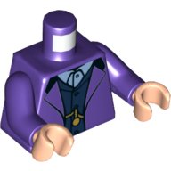 Visuel indicatif Rebrickable de Torse, veste de costume sur gilet bleu foncé et bouton blanc vers le bas chemise avec chaîne en or montre motif imprimé, bras pourpre foncé, mains nougat clair (Torso, Suit Jacket over Dark Blue Vest and White Button Down Shirt with Gold Chain Watch Print, Dark Purple Arms, Light Nougat Hands)