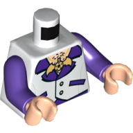 Visuel indicatif Rebrickable de Torse, gilet à chemise ouverte, médaillon chauve-souris et motif imprimé poitrine poilue (Batman), bras pourpre foncé, mains nougat clair (Torso, Vest with Open Shirt, Bat Medallion and Hairy Chest Print (Batman), Dark Purple Arms, Light Nougat Hands)