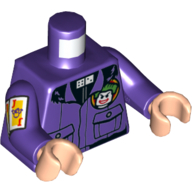 Visuel indicatif Rebrickable de Torse, veste avec poches, Joker visage, et dés cravate motif imprimé, bras violet foncé avec des cartes à jouer motif imprimé, mains nougat clair (Torso, Jacket with Pockets, Joker Face, and Dice Tie Print, Dark Purple Arms with Playing Cards Print, Light Nougat Hands)