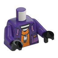 Visuel indicatif Rebrickable de Torse, veste, blanc USB lecteur sur collier, chemise orange, blanc/noir rayures chemise motif imprimé, violet foncé, mains noires (Torso, Jacket, White USB Drive on Necklace, Orange Shirt, White/Black stripes Shirt Print, Dark Purple, Black Hands)