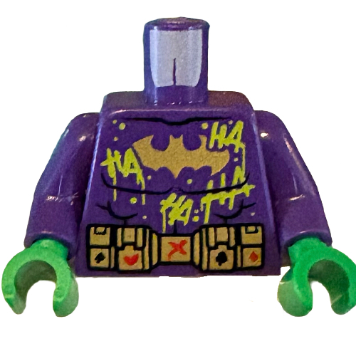 Torse, or Batman Logo, ceinture utilitaire avec des cartes à jouer, vert citron 'HA HA HA HA' motif imprimé, violet foncé, mains vert vif (Torso, Gold Batman Logo, Utility Belt with Playing Cards, Lime 'HA HA HA HA' Print, Dark Purple, Bright Green Hands)
