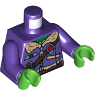 Visuel indicatif Rebrickable de Torse, veste aviateur avec badge argenté, Radio et ceintures marron imprimé, bras pourpre foncé, mains vert vif (Torso, Aviator Jacket with Silver Badge, Radio and Brown Belts Print, Dark Purple Arms, Bright Green Hands)