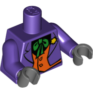 Visuel indicatif Rebrickable de Torse, costume avec gilet orange, cravate verte, motif imprimé fleur jaune, bras pourpre foncé, mains gris bleuté foncé (Torso, Suit with Orange Vest, Green Tie, Yellow Flower Print, Dark Purple Arms, Dark Bluish Gray Hands)