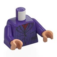 Visuel indicatif Rebrickable de Torse, veste avec rayures bleu foncé, motif : écharpe rouge foncé, bras pourpre foncé, mains nougat (Torso, Jacket with Dark Blue Stripes, Dark Red Scarf Print, Dark Purple Arms, Nougat Hands)