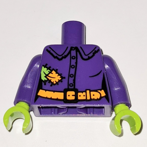Visuel indicatif Rebrickable de Torse, chemise, en lambeaux de taches de vert citron et orange, motif imprimé ceinture orange, bras violet foncé avec motif imprimé patch sur la gauche, mains de vert citron (Torso, Shirt, Tattered with Lime and Orange Patches, Orange Belt Print, Dark Purple Arms with Patch Print on Left, Lime Hands)