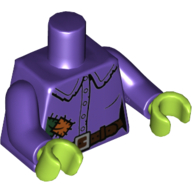 Visuel indicatif Rebrickable de Torse, chemise, en lambeaux de taches vert foncé et orange foncé, motif : ceinture brun foncé, bras violet foncé avec motif imprimé patch sur la gauche, mains vert citron (Torso, Shirt, Tattered with Dark Green and Dark Orange Patches, Dark Brown Belt Print, Dark Purple Arms with Patch Print on Left, Lime Hands)