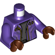 Visuel indicatif Rebrickable de Torse, veste, fermeture éclair or, chemise gris bleuté foncé, motif : ceinture noire, bras pourpre foncé, mains brun rougeâtre (Torso, Jacket, Gold Zipper, Dark Bluish Gray Shirt, Black Belt Print, Dark Purple Arms, Reddish Brown Hands)