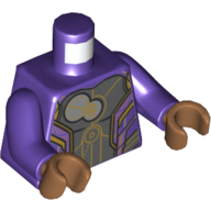 Visuel indicatif Rebrickable de Torse, armure, panneaux gris bleuté foncé, bordure dorée, cercles gris bleuté clair imprimé, bras pourpre foncé, mains nougat moyen (Torso, Armor, Dark Bluish Gray Panels, Gold Trim, Light Bluish Gray Circles Print, Dark Purple Arms, Medium Nougat Hands)