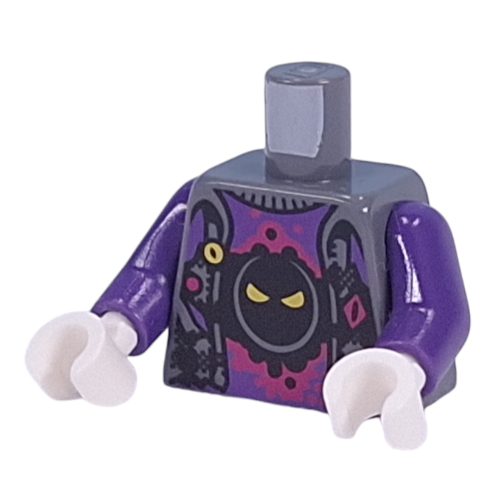 Visuel indicatif Rebrickable de Torse, pull pourpre foncé, Doomblob noir sur motif imprimé fond magenta, bras pourpre foncé, mains blanches (Torso, Dark Purple Sweater, Black Doomblob on Magenta Background Print, Dark Purple Arms, White Hands)