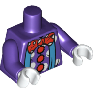 Torse, clown avec bretelles en vert d’eau sur chemise à pois avec boutons rouges, grand noeud papillon rouge imprimé, bras pourpre foncé, mains blanches (Torso, Clown with Aqua Suspenders over Polka-Dot Shirt with Red Buttons, Large Red Bow Tie Print, Dark Purple Arms, White Hands)