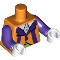Visuel indicatif Rebrickable de Torse, costume de clown, revers violet, veste orange, pantalon vert citron, motif imprimé chemise blanche, bras pourpre foncé, mains blanches (Torso, Clown Suit, Purple Lapel, Orange Jacket, Lime Pants, White Shirt Print, Dark Purple Arms, White Hands)