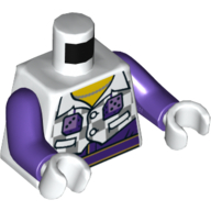 Visuel indicatif Rebrickable de Torse, veste gilet, avec des carreaux et des poches gris clair bleuâtre, dés violet foncé, motif imprimé col jaune, bras pourpre foncé, mains blanches (Torso, Vest Jacket, with Light Bluish Gray Checks and Pockets, Dark Purple Dice, Yellow Neck Print, Dark Purple Arms, White Hands)