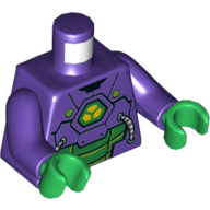 Visuel indicatif Rebrickable de Torse, armure avec plaques vertes, tubes et 3 pentagones jaunes sur motif imprimé poitrine, bras pourpre foncé, mains vertes (Torso, Armor with Green Plates, Tubes and 3 Yellow Pentagons on Chest Print, Dark Purple Arms, Green Hands)