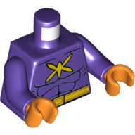 Torse, contour des muscles avec logo jaune tueur papillon et ceinture motif imprimé, bras pourpre foncé, mains orange (Torso, Muscles Outline with Yellow Killer Moth Logo and Belt Print, Dark Purple Arms, Orange Hands)