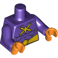 Visuel indicatif Rebrickable de Torse, muscles, logo de papillon tueur jaune, motif imprimé ceinture, bras pourpre foncé, mains orange (Torso, Muscles, Yellow Killer Moth Logo, Belt Print, Dark Purple Arms, Orange Hands)