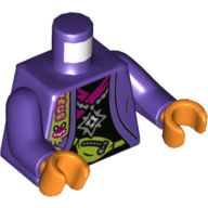 Visuel indicatif Rebrickable de Torse, veste, ouvert sur un maillot de corps noir avec garniture magenta, sac banane vert citron (sac bum), collier avec motif imprimé shuriken, bras pourpre foncé, mains orange (Torso, Jacket, Open over Black Undershirt with Magenta Trim, Lime Fanny Pack (Bum Bag), Necklace with Shuriken Print, Dark Purple Arms, Orange Hands)
