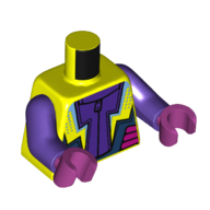 Visuel indicatif Rebrickable de Torse, violet foncé/jaune néon/bleu foncé/couleur magenta imprimé, bras pourpre foncé, mains magenta (Torso, Dark Purple/Neon Yellow/Dark Blue/Magenta Racing Suit Print, Dark Purple Arms, Magenta Hands)
