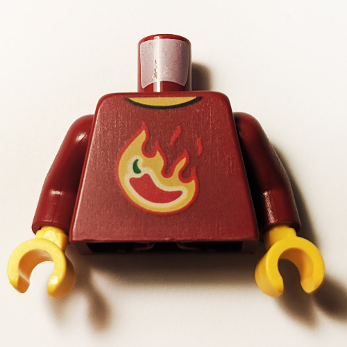 Visuel indicatif Rebrickable de Torse, motif imprimé piment rouge flamboyant, bras rouge foncé, mains jaunes (Torso, Flaming Red Pepper/Chili Print, Dark Red Arms, Yellow Hands)