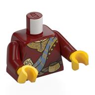 Visuel indicatif Rebrickable de Torse, robe, or Garniture, écharpe bleu sable, parchemin, motif imprimé pochette, bras rouge foncé, mains jaunes (Torso, Robe, Gold Trim, Sand Blue Scarf, Parchment, Pouch Print, Dark Red Arms, Yellow Hands)