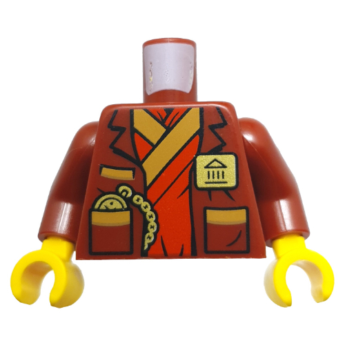 Torse, veste sur robe rouge ninja, badge or, montre sur chaîne, motif imprimé garniture, bras rouge foncé, mains jaunes (Torso, Jacket over Red Ninja Robe, Gold Badge, Watch on Chain, Trim Print, Dark Red Arms, Yellow Hands)