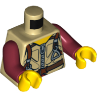 Visuel indicatif Rebrickable de Torse, Gilet balistique avec harnais et mousqueton motif imprimé, bras rouge foncé, mains jaunes (Torso, Ballistic Vest with Harness and Carabiner Print, Dark Red Arms, Yellow Hands)