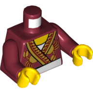 Visuel indicatif Rebrickable de Torse, robe avec or orné garniture, crabes et blanc Tablier motif imprimé, bras rouge foncé, mains jaunes (Torso, Robe with Ornate Gold Trim, Crabs and White Apron Print, Dark Red Arms, Yellow Hands)