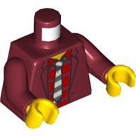 Visuel indicatif Rebrickable de Torse, veste, chemise rouge, motif : cravate noire et blanche, bras rouge foncé, mains jaunes (Torso, Jacket, Red Shirt, Black and White Tie Print, Dark Red Arms, Yellow Hands)
