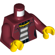 Visuel indicatif Rebrickable de Torse, chemise, ouvert sur chemise de prisonnier, motif : ceinture noire et col, bras rouge foncé, mains jaunes (Torso, Shirt, Open over Prisoner Shirt, Black Belt and Collar Print, Dark Red Arms, Yellow Hands)