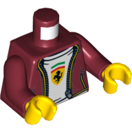 Visuel indicatif Rebrickable de Torse, Veste, ouvert Chemise blanche avec logo Ferrari motif imprimé, bras rouge foncé, mains jaunes (Torso, Jacket, Open Over White Shirt with Ferrari Logo Print, Dark Red Arms, Yellow Hands)