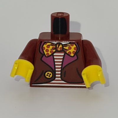Visuel indicatif Rebrickable de Torse, veste, Chemise rayée rouge et blanche, Motif imprimé Nœud papillon jaune pointillé rouge, bras rouge foncé, mains jaunes (Torso, Jacket, Red and White Striped Shirt, Red dotted Yellow Bow Tie Print, Dark Red Arms, Yellow Hands)