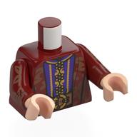 Visuel indicatif Rebrickable de Torse, robe ouverte, décorations en or, chemise violet foncé/or, Nougat Ceinture motif imprimé, bras rouge foncé, mains nougat clair (Torso, Open Robe, Gold Decorations, Dark Purple/Gold Shirt, Nougat Belt Print, Dark Red Arms, Light Nougat Hands)