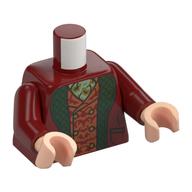 Visuel indicatif Rebrickable de Torse, veste, revers vert foncé, gilet orange foncé avec décorations rouge foncé, motif : chemise vert olive, bras rouge foncé, mains nougat clair (Torso, jacket, Dark Green Lapels, Dark Orange Vest with Dark Red Decorations, Olive Green Shirt Print, Dark Red Arms, Light Nougat Hands)