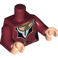 Visuel indicatif Rebrickable de Torse, robe avec bordure dorée et noire, col blanc, motif imprimé médaillon doré, bras rouge foncé, mains nougat clair (Torso, Dress with Gold and Black Trim, White Collar, Gold Medallion Print, Dark Red Arms, Light Nougat Hands)