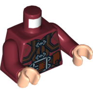 Visuel indicatif Rebrickable de Torse, Veste avec fermoirs argentés et grand motif imprimé boucle de ceinture, bras rouge foncé, mains nougat clair (Torso, Jacket with Silver Clasps and Large Belt Buckle Print, Dark Red Arms, Light Nougat Hands)