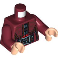 Visuel indicatif Rebrickable de Torse, manteau avec col à carreaux et grand motif imprimé boucle argentée, bras rouge foncé, mains nougat clair (Torso, Coat with Plaid Collar and Large Silver Buckle Print, Dark Red Arms, Light Nougat Hands)