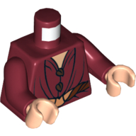 Visuel indicatif Rebrickable de Torse, manteau elfique avec boutons de feuille brun rougeâtre et motif imprimé ceinture, bras rouge foncé, mains nougat clair (Torso, Elven Coat with Reddish Brown Leaf Buttons and Belt Print, Dark Red Arms, Light Nougat Hands)