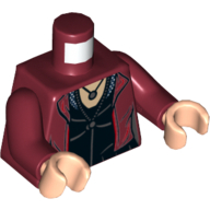 Visuel indicatif Rebrickable de Torse, Veste sur haut noir avec collier motif imprimé (Scarlet sorcière), bras rouge foncé, mains nougat clair (Torso, Jacket over Black Top with Necklace Print (Scarlet Witch), Dark Red Arms, Light Nougat Hands)