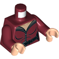 Visuel indicatif Rebrickable de Torse, combinaison avec fermeture à glissière demi ouverte et ceinture noire imprimé, bras rouge foncé, mains nougat clair (Torso, Jumpsuit with Half Open Zipper and Black Belt Print, Dark Red Arms, Light Nougat Hands)