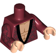 Torse, robe avec motif de brocart noir, avec col noir sur nougat clair imprimé sur la poitrine nue, bras rouge foncé avec motif imprimé de brocart noir, mains nougat clair (Torso, Robe with Black Brocade Design, with Black Collar over Light Nougat Bare Chest Print, Dark Red Arms with Black Brocade Print, Light Nougat Hands)