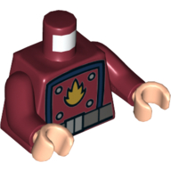 Visuel indicatif Rebrickable de Torse, veste avec bleu foncé carré, ceinture, et étoile-seigneur feu logo motif imprimé, bras rouge foncé, mains nougat clair (Torso, Jacket with Dark Blue Square, Belt, and Star-Lord Fire Logo Print, Dark Red Arms, Light Nougat Hands)