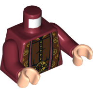 Torse, robe avec de longs foulards, or, brun rougeâtre et brun foncé détails motif imprimé (albus dugledore), bras rouge foncé, mains nougat clair (Torso, Robe with Long Scarves, Gold, Reddish Brown and Dark Brown Details Print (Albus Dumbledore), Dark Red Arms, Light Nougat Hands)